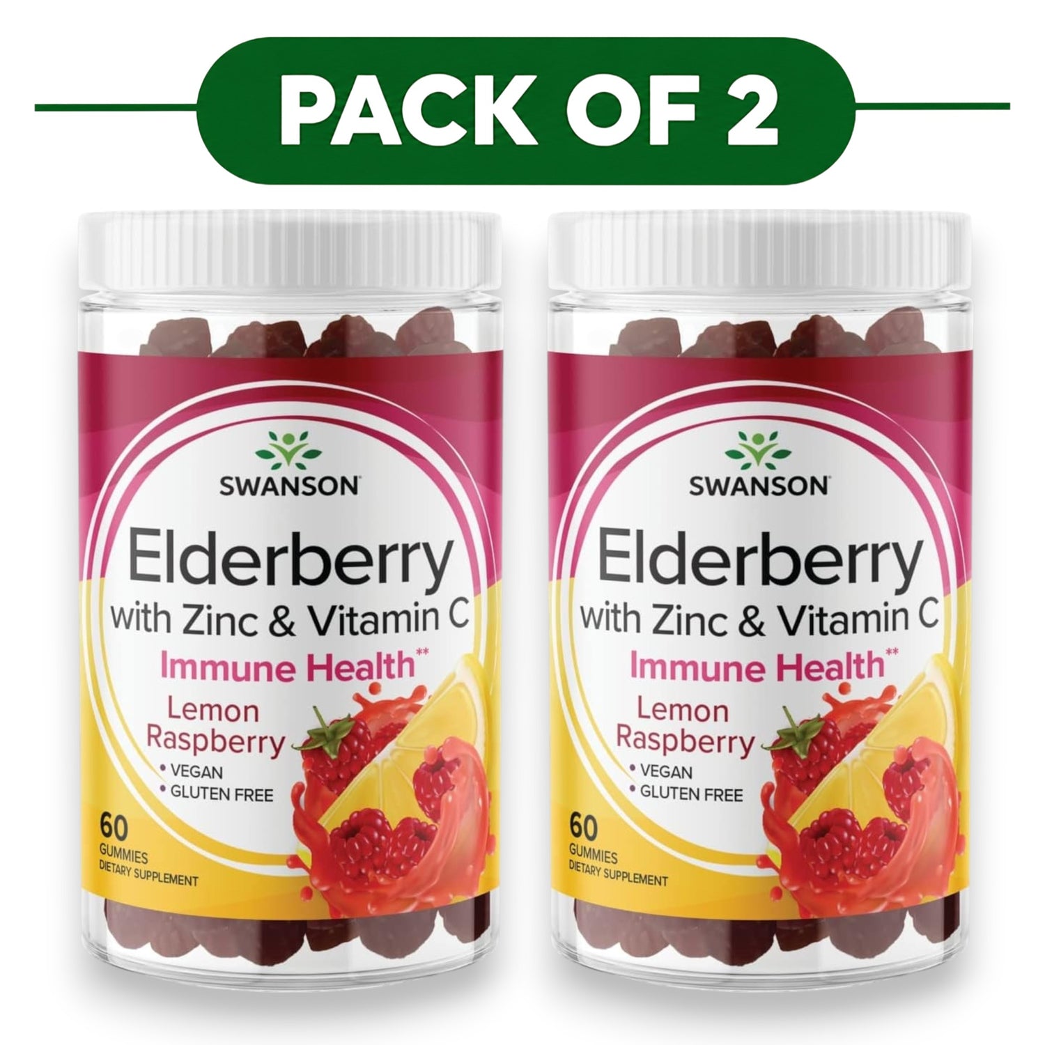 Swanson Elderberry with Zinc & Vitamin C Lemon Raspberry 60 Gummies Pack of 2