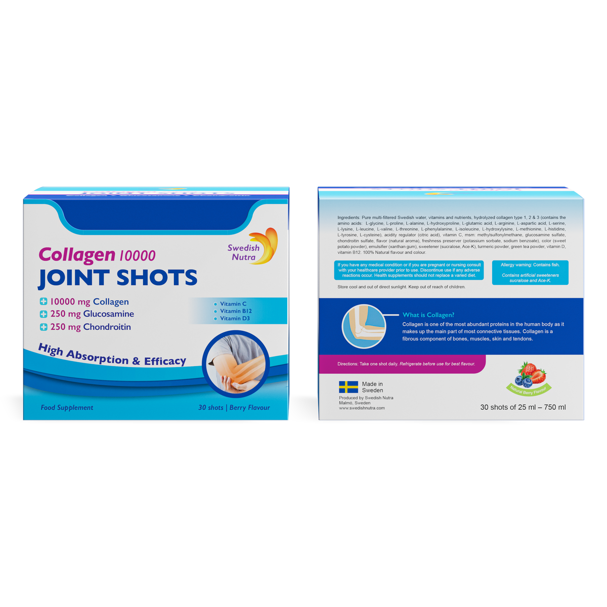 Swedish Nutra Joint Collagen Shots 10000mg Berry 30 x 25ml front & back