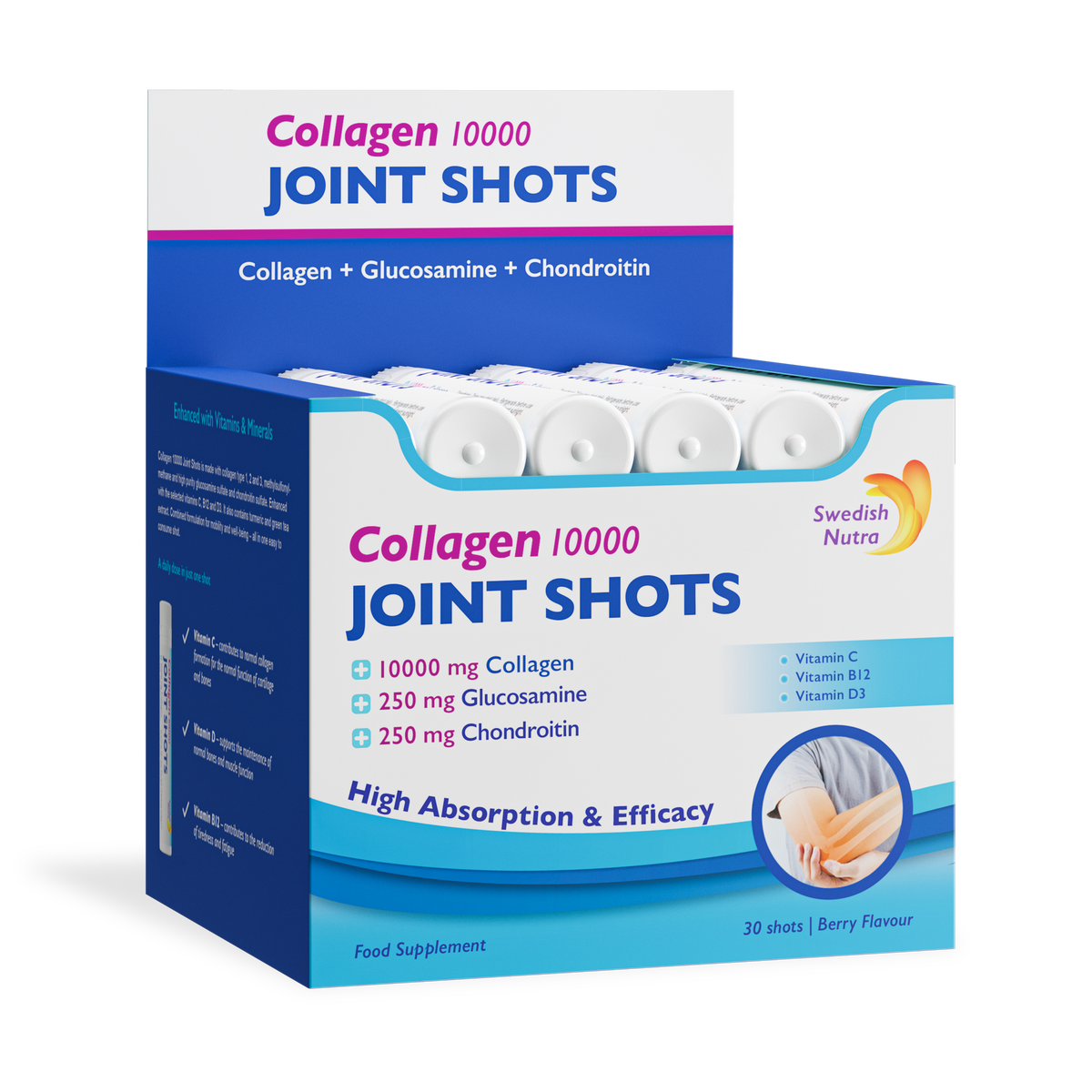 Front image: Swedish Nutra collagen joint shots 10000mg 30 x 25ml pack