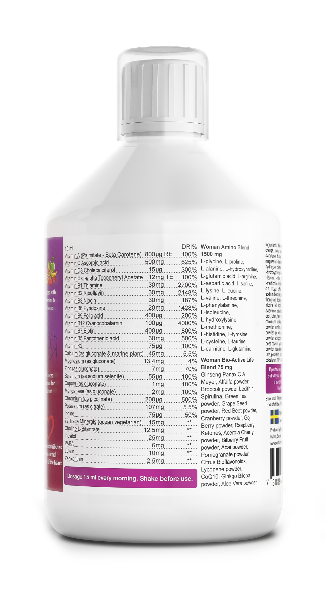 Swedish Nutra Women multivitamin supplement facts ingredients 500ml bottle