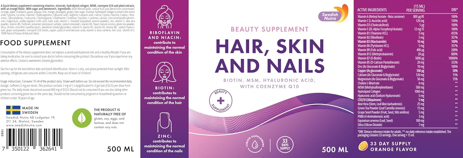Barcode image: Swedish Nutra Hair Skin Nails liquid supplement 500ml barcode packaging