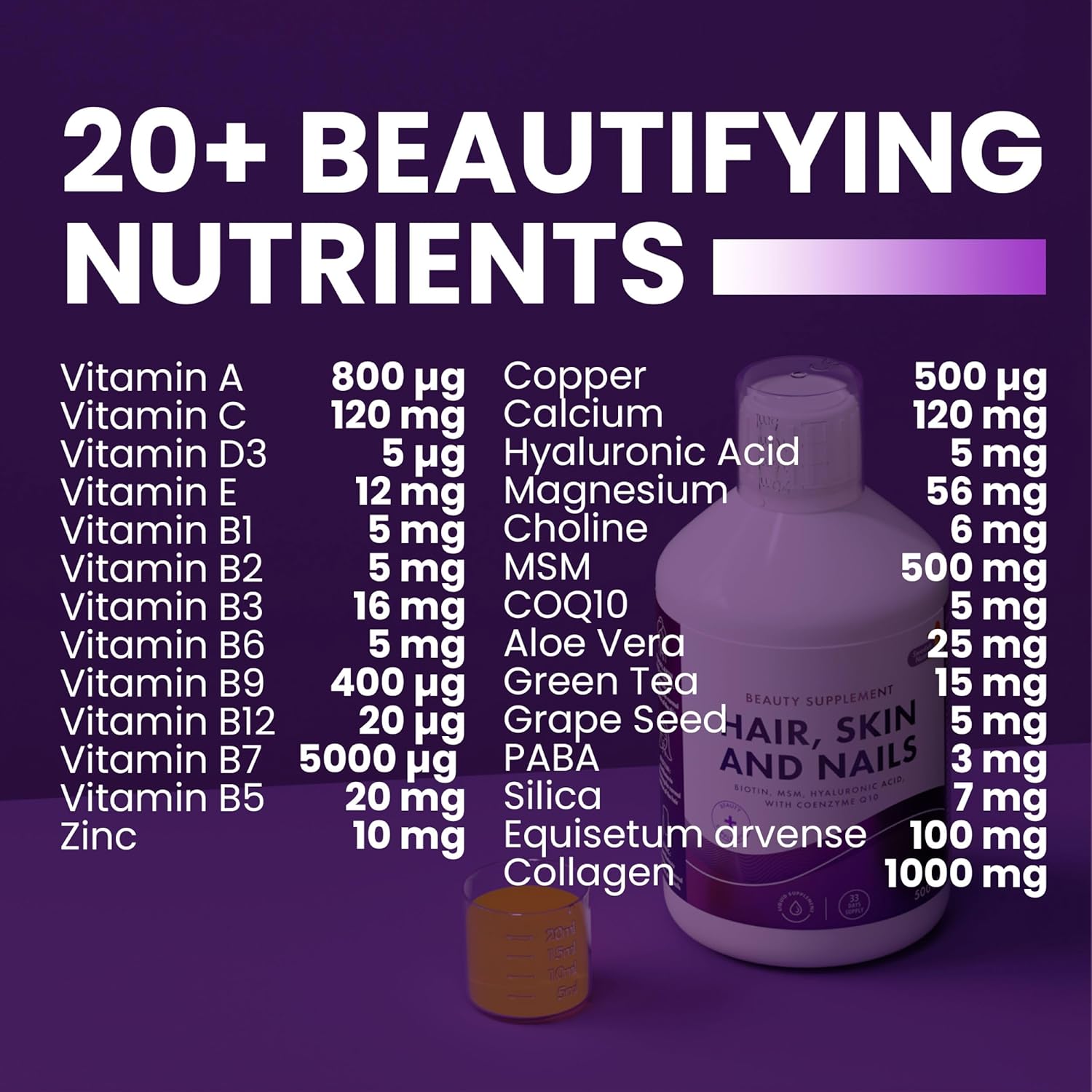 Supplement facts & ingredients image: Swedish Nutra Hair Skin Nails supplement facts ingredients 500ml bottle