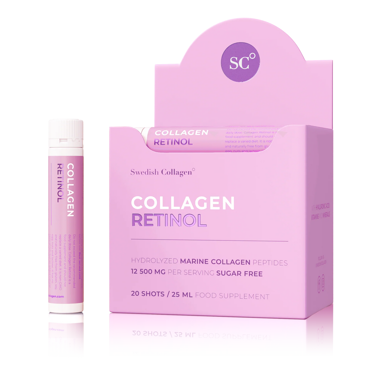 Swedish Collagen Collagen Retinol supplement packaging with a bottle on a white background