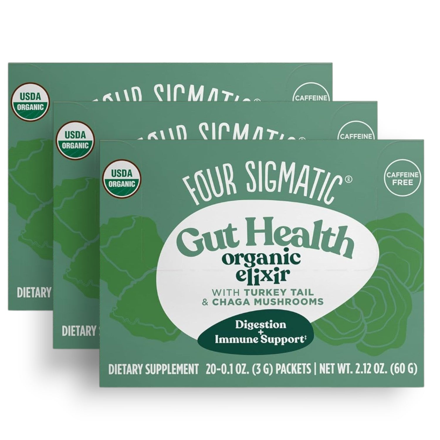 Four Sigmatic Organic Chaga Elixir Drink Mix 3 boxes front packaging on white background