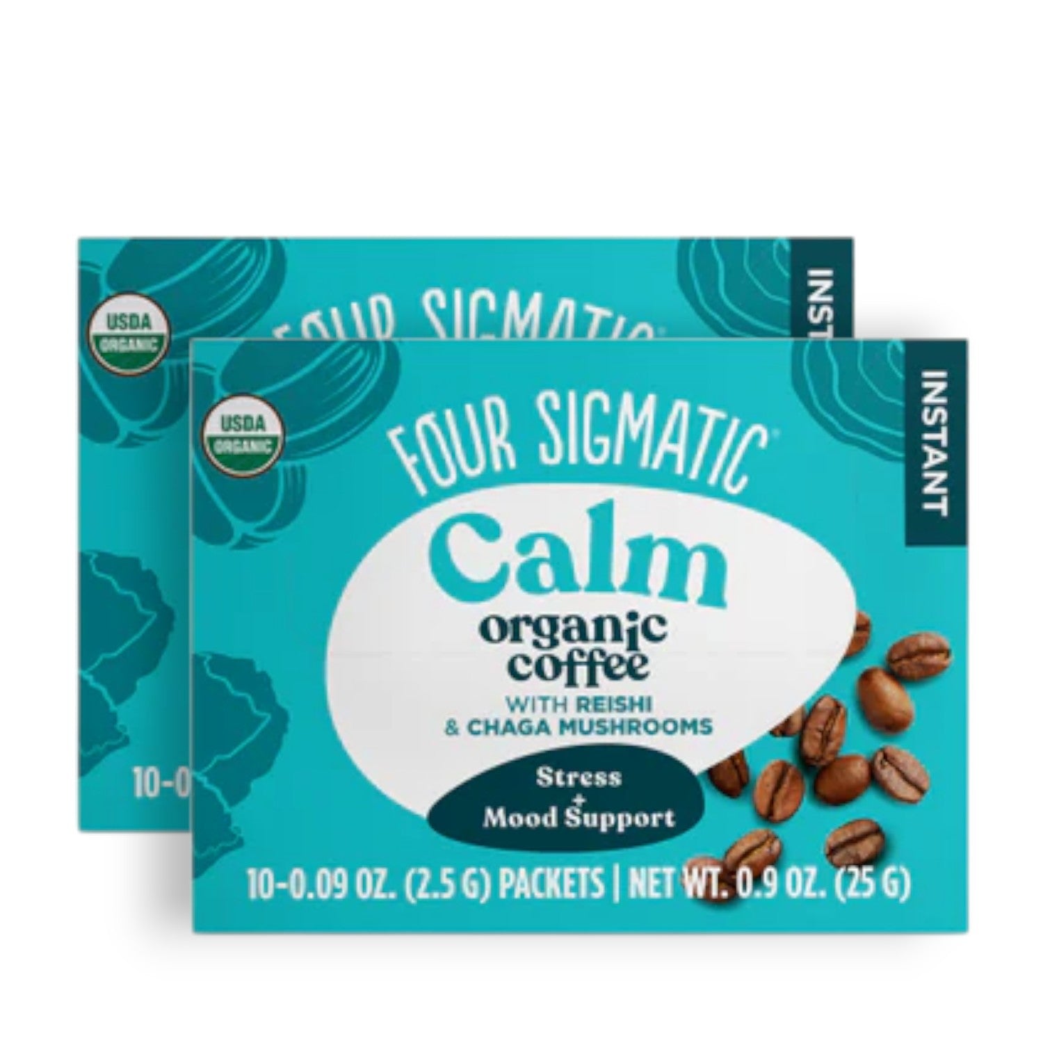 Four Sigmatic Organic Half Caf Instant Coffee 10 packets, 2 boxes front packaging on white background.