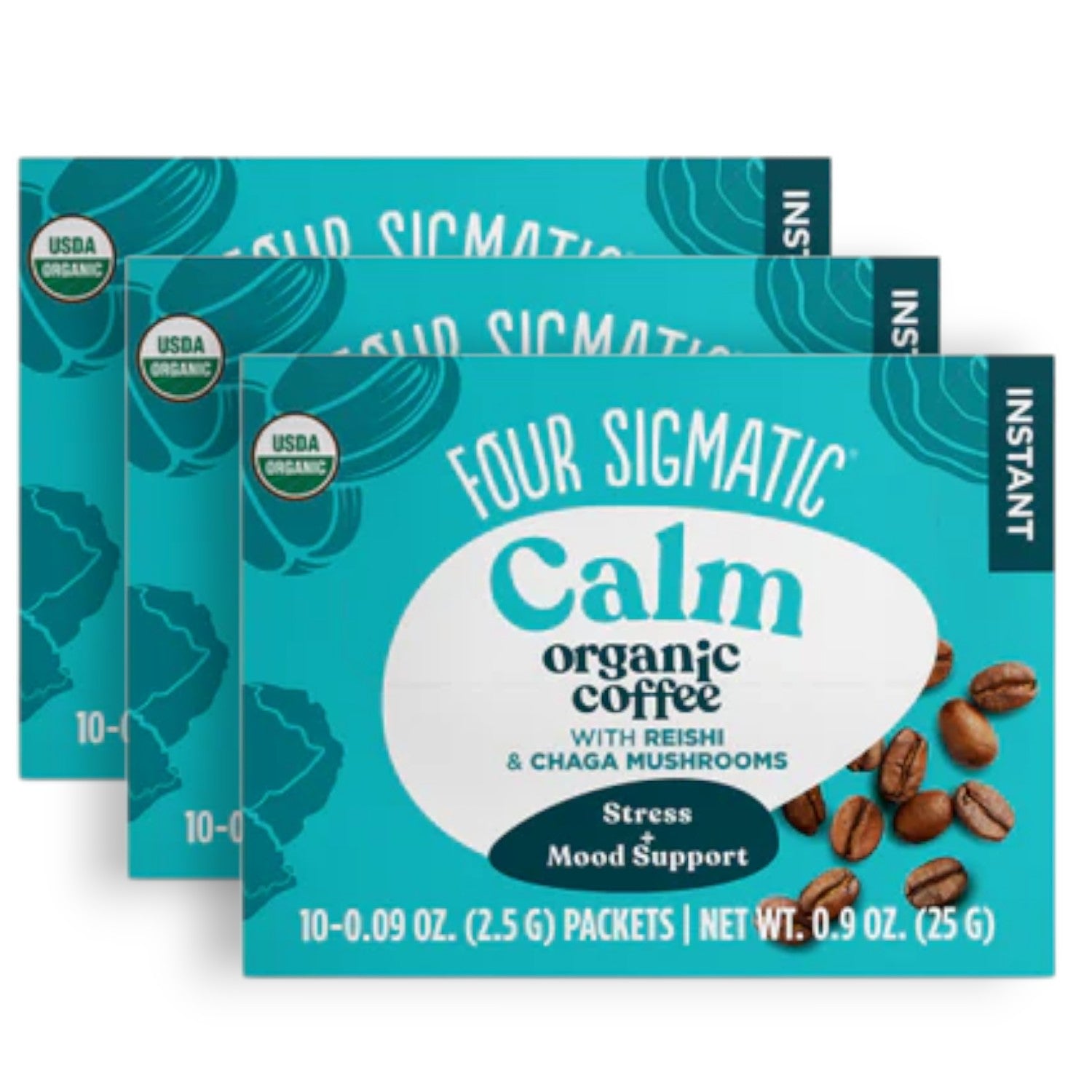 Four Sigmatic Organic Half Caf Instant Coffee 10 packets, 3 boxes front packaging on white background.