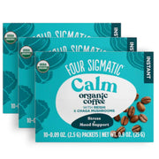 Four Sigmatic Organic Half Caf Instant Coffee 10 packets, 3 boxes front packaging on white background.