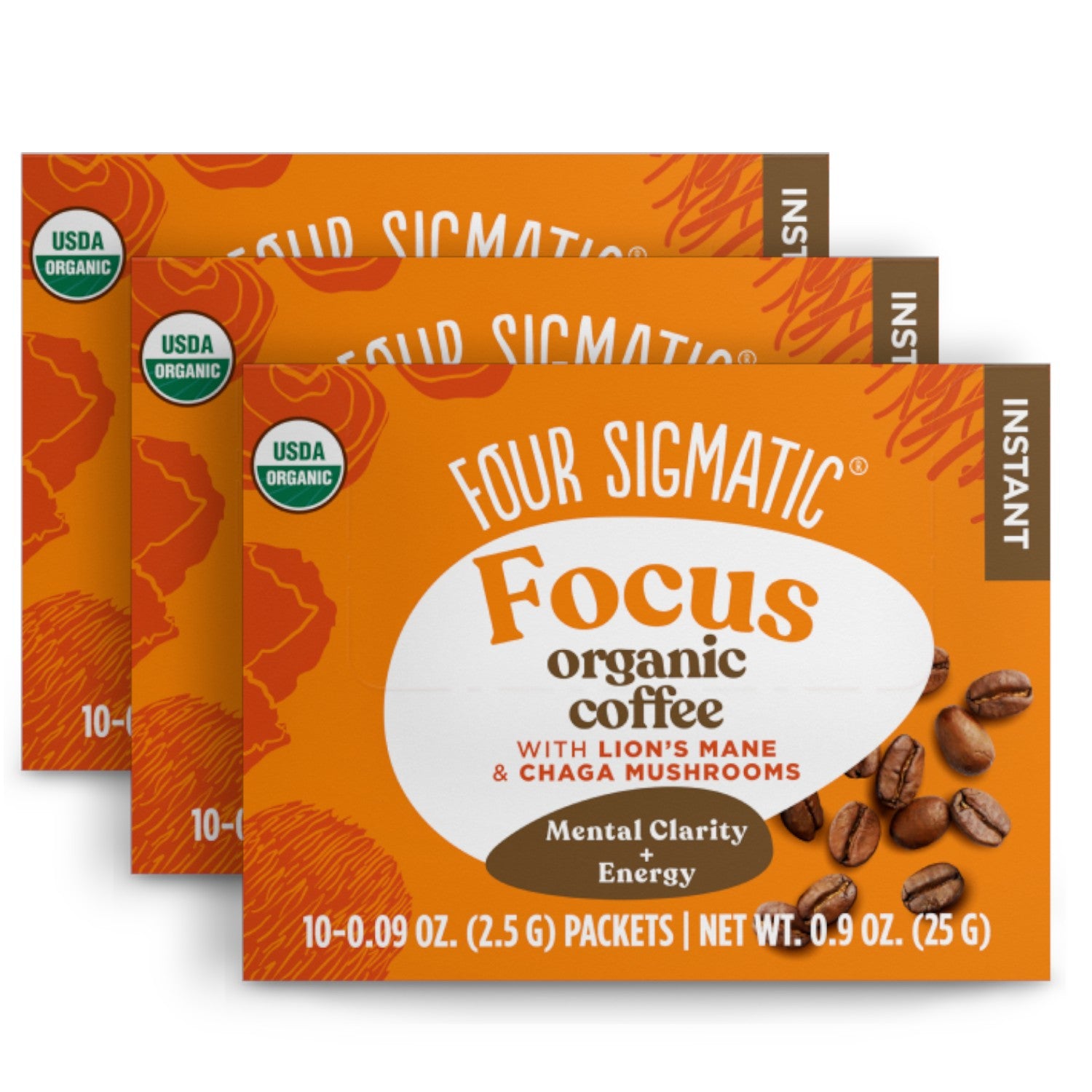 Four Sigmatic Organic Instant Coffee 10 packets, 3 boxes front packaging on white background