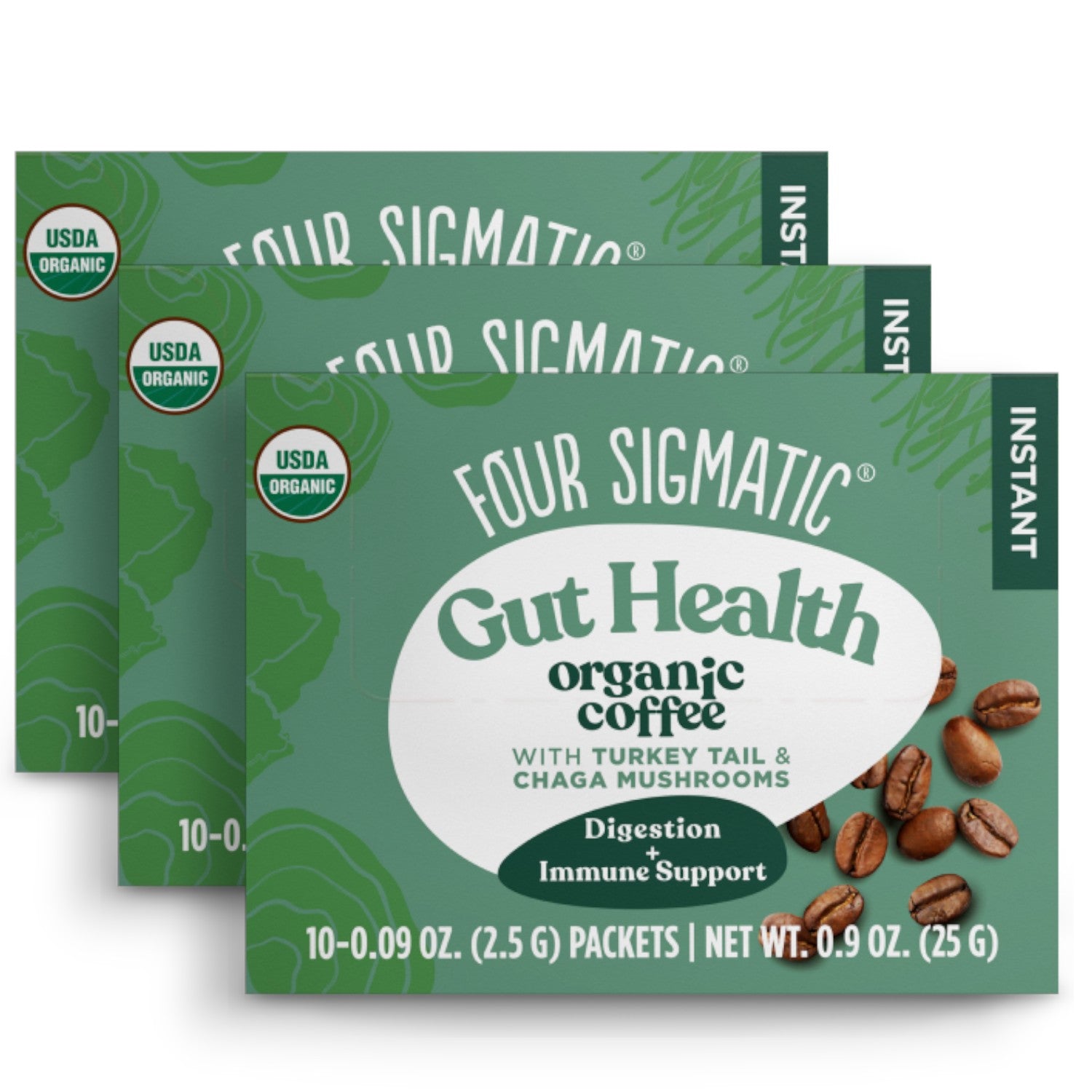 Four Sigmatic Organic Instant Coffee Blend 10 packets, 3 boxes front packaging on white background