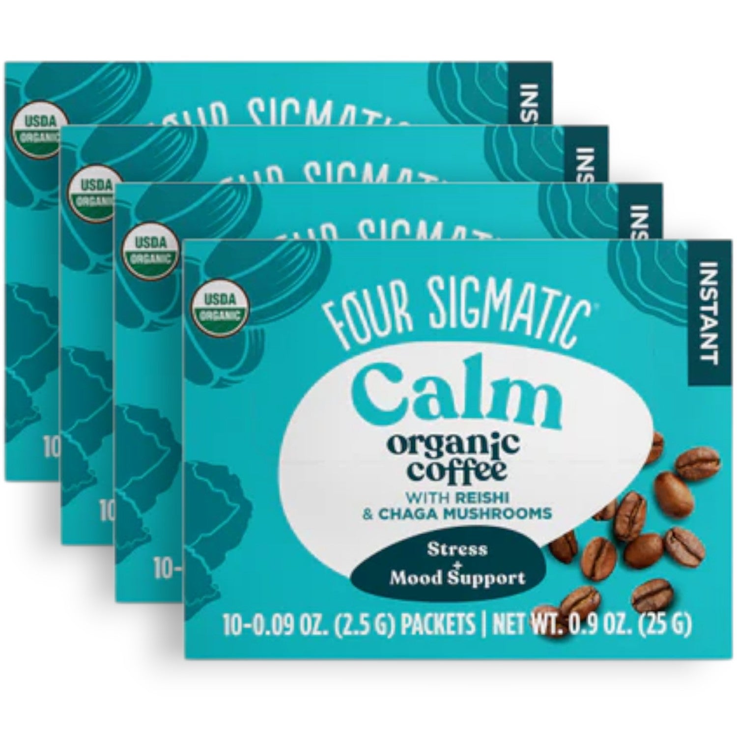 Four Sigmatic Organic Half Caf Instant Coffee 10 packets, 4 boxes front packaging on white background.