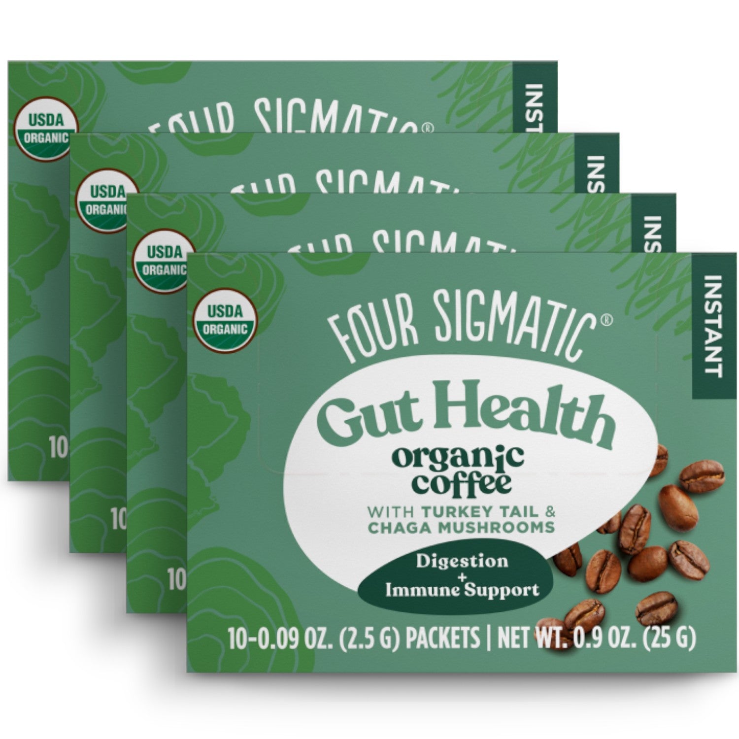Four Sigmatic Organic Instant Coffee Blend 10 packets, 4 boxes front packaging on white background