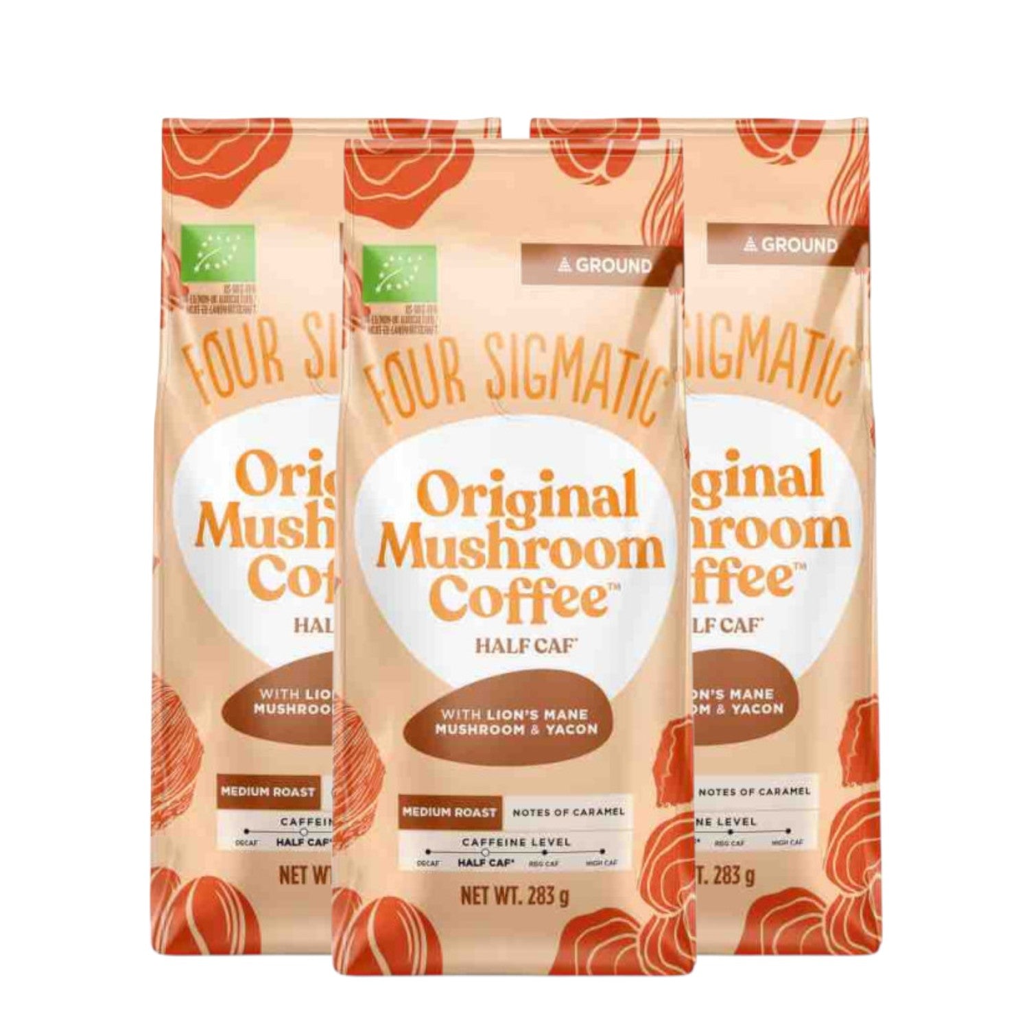 Four Sigmatic Original Mushroom Half Caf Ground Coffee 283g, 2 pouches front packaging on white background