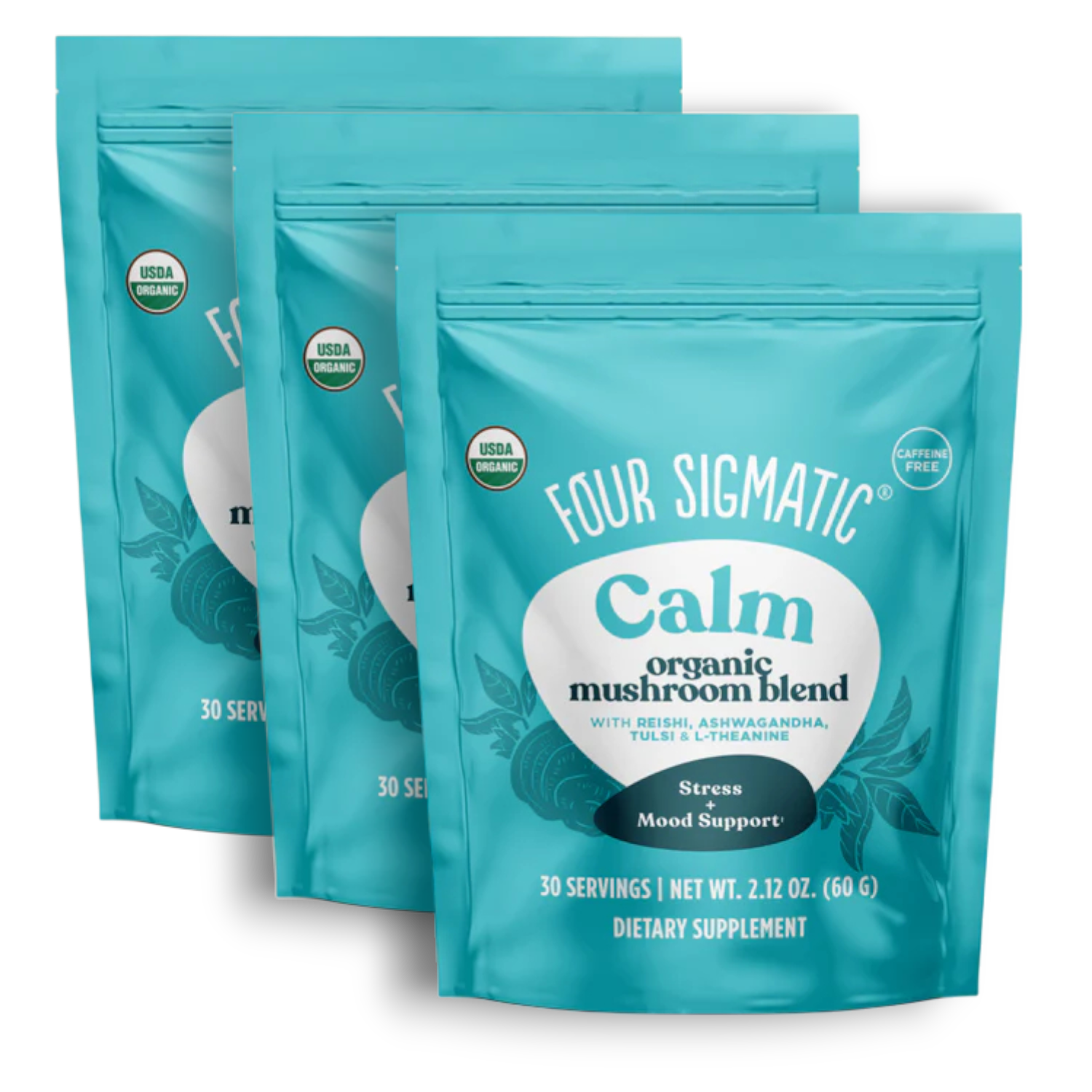 Four Sigmatic Organic Multi Mushroom & Herb Powder 3 pouches front packaging on white background