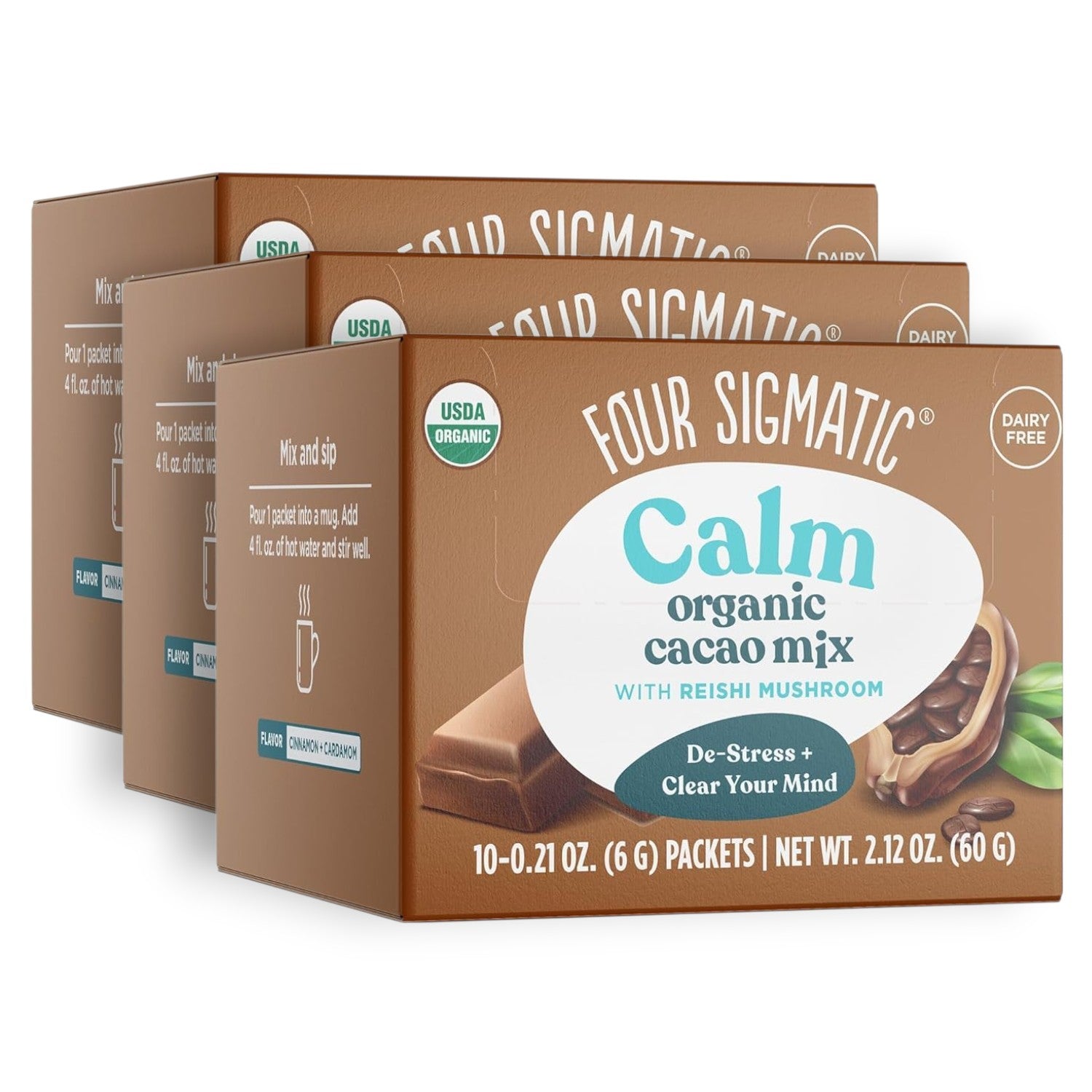 Four Sigmatic Organic Cacao with Reishi Mix 30 packets front packaging on white background