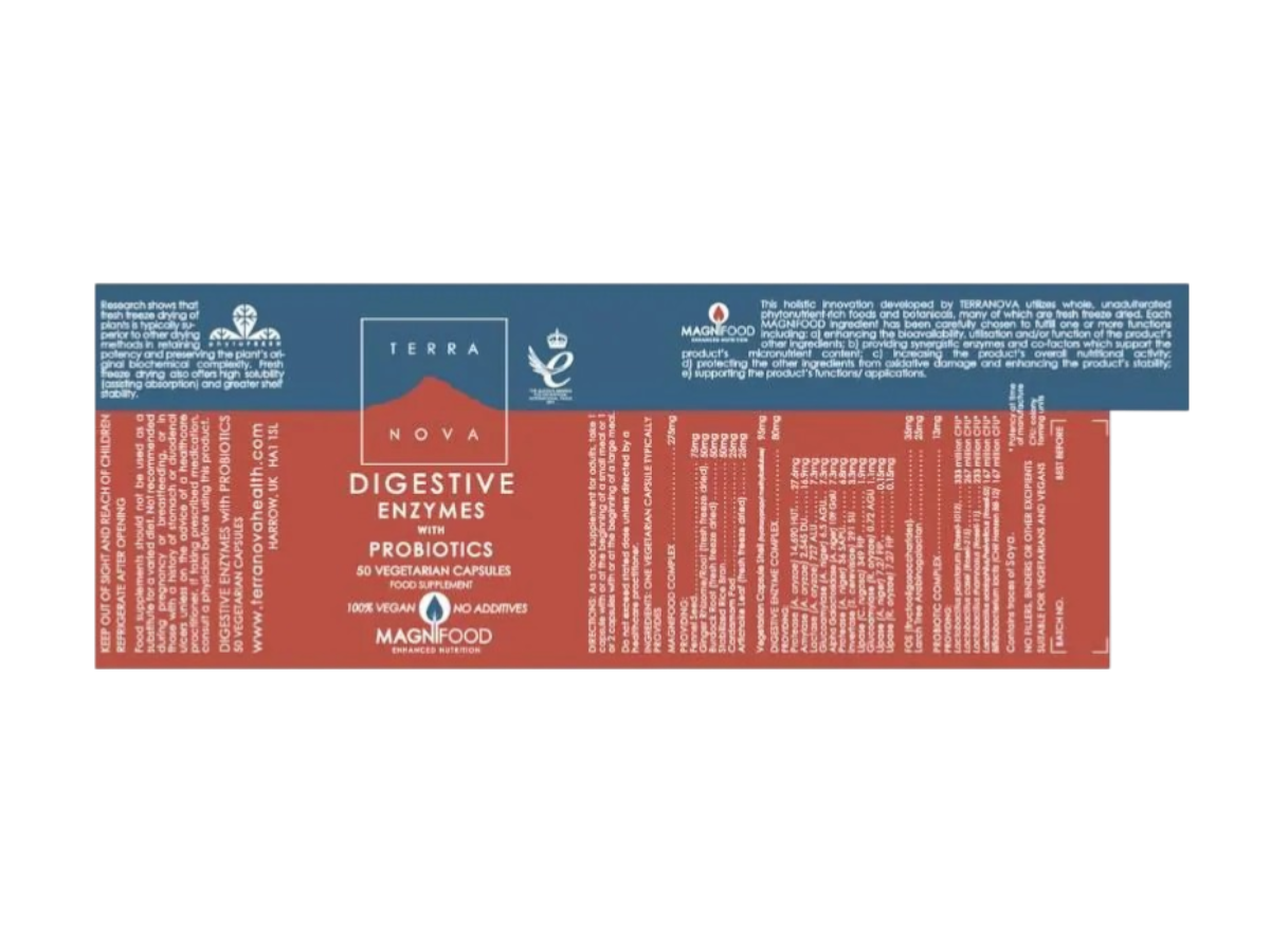 Supplement facts & ingredients image: Terranova Digestive Enzyme Complex supplement facts ingredients vegan capsules 50 count