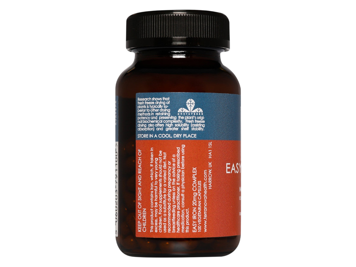 Back image: Terranova Easy Iron 20mg Complex capsules bottle vegan 100 count