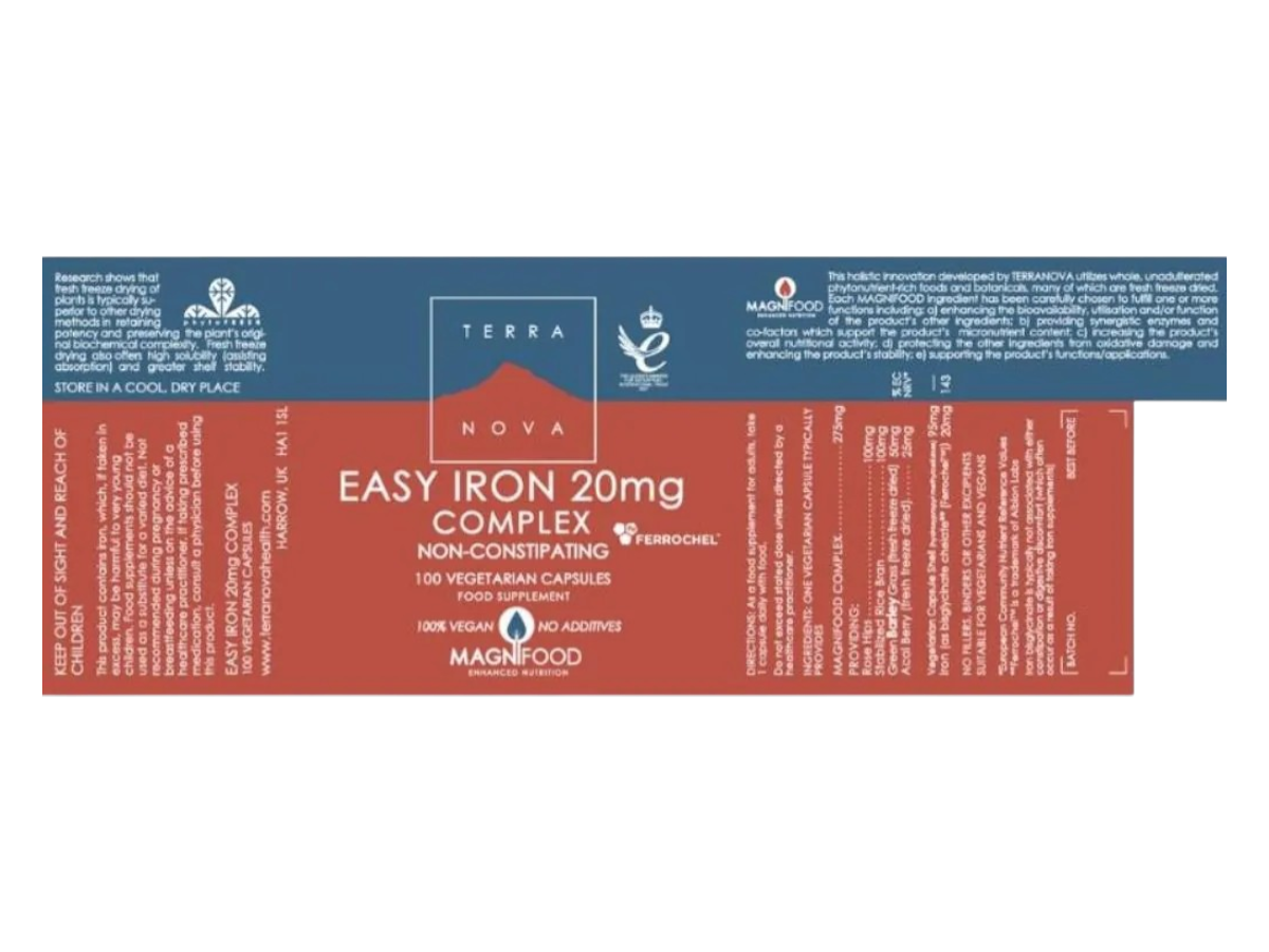 Supplement facts & ingredients image: Terranova Easy Iron 20mg Complex supplement facts ingredients vegan capsules 100 count