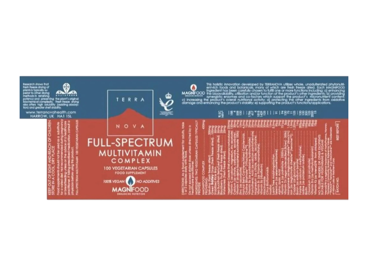 Supplement facts & ingredients image: Terranova Full-Spectrum Multivitamin Complex supplement facts ingredients vegan capsules 100 count