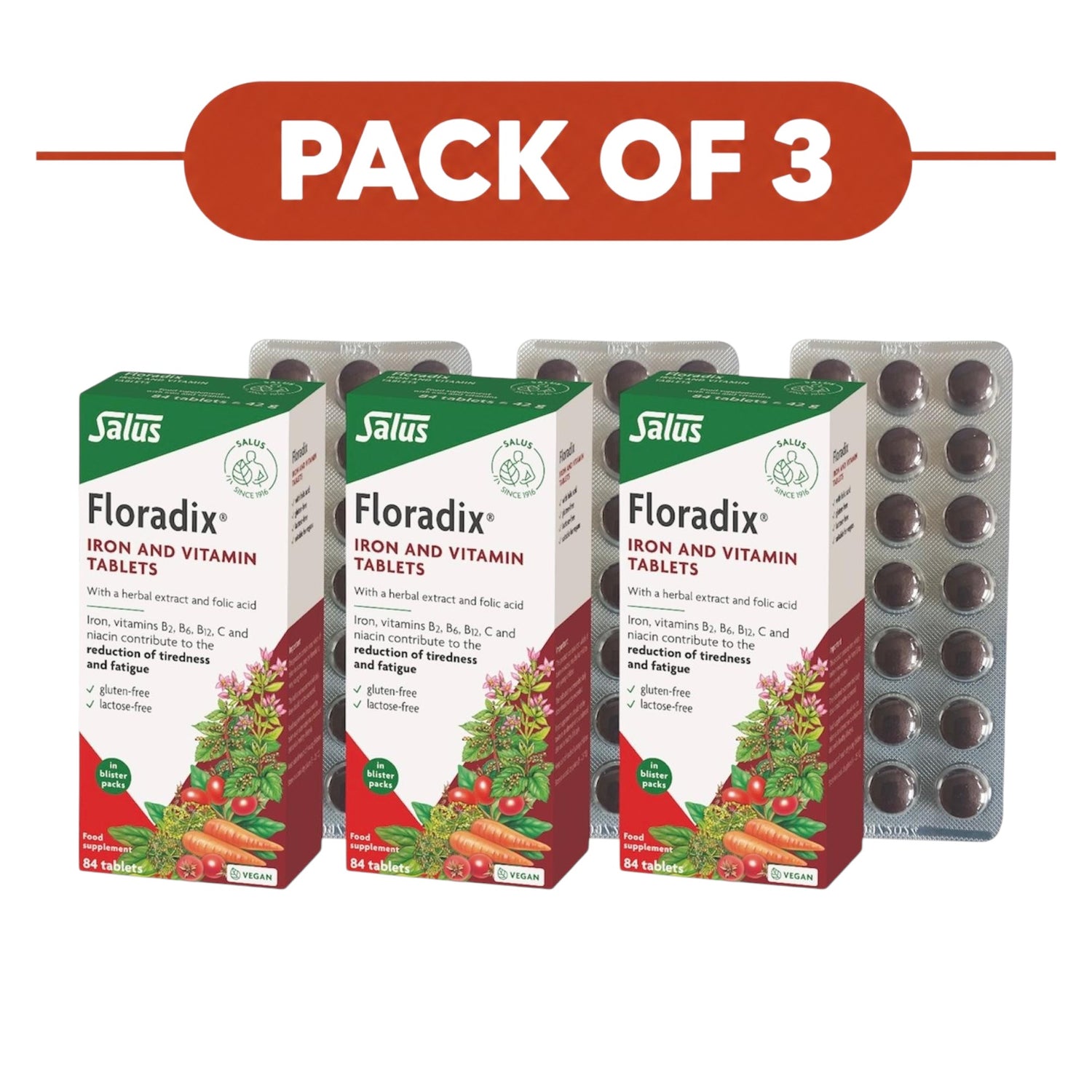 Floradix Iron and Vitamin Tablets 84 Tablets Pack of 3