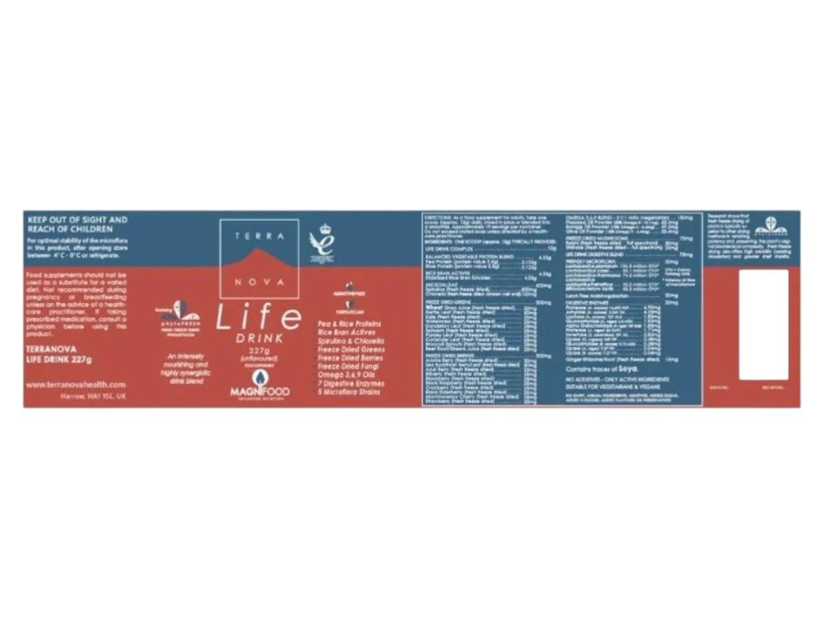 Supplement facts & ingredients image: Terranova Life Drink powder supplement facts ingredients vegan 227g