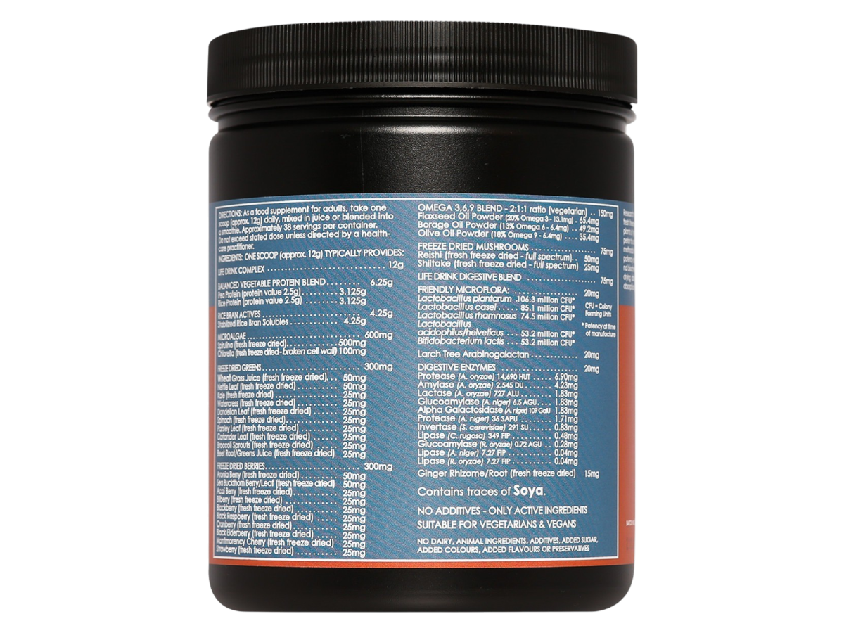 Supplement facts & ingredients image: Terranova Life Drink powder supplement facts ingredients vegan 454g