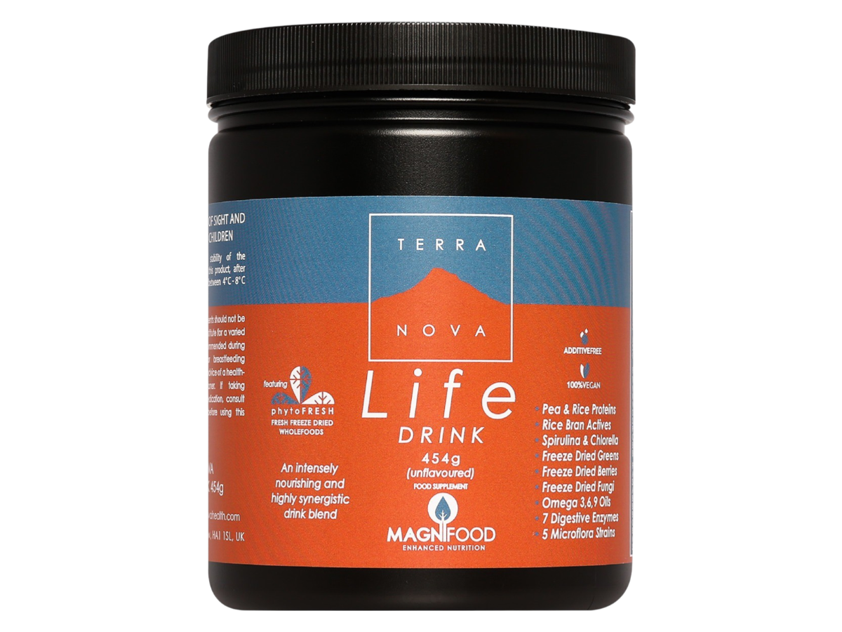 Front image: Terranova Life Drink powder unflavoured tub vegan 454g