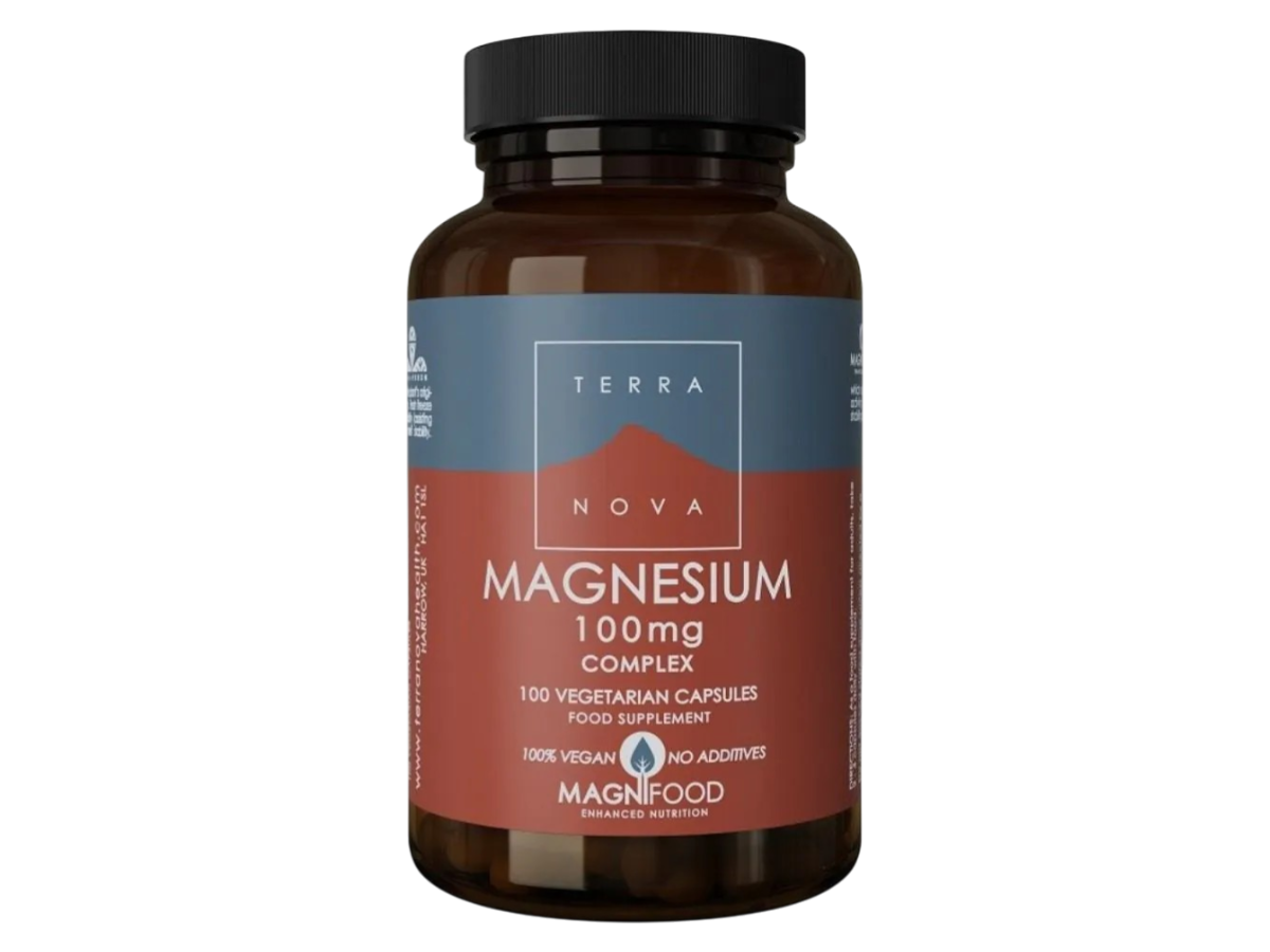 Front image: Terranova Magnesium 100mg Complex capsules bottle vegan 100 count