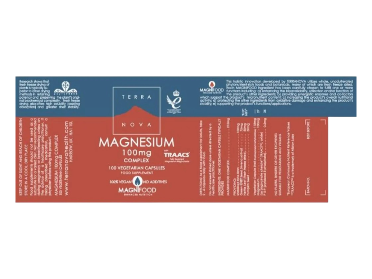Supplement facts & ingredients image: Terranova Magnesium 100mg Complex supplement facts ingredients vegan capsules 100 count