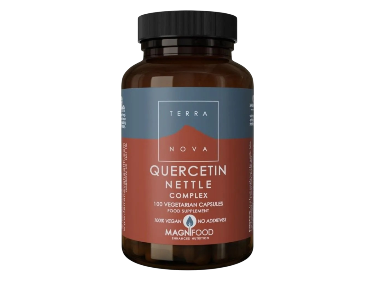 Front image: Terranova Quercetin Nettle Complex capsules bottle vegan 100 count