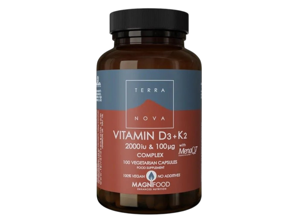 Front image: Terranova Vitamin D3 2000IU K2 100µg capsules bottle vegan 100 count