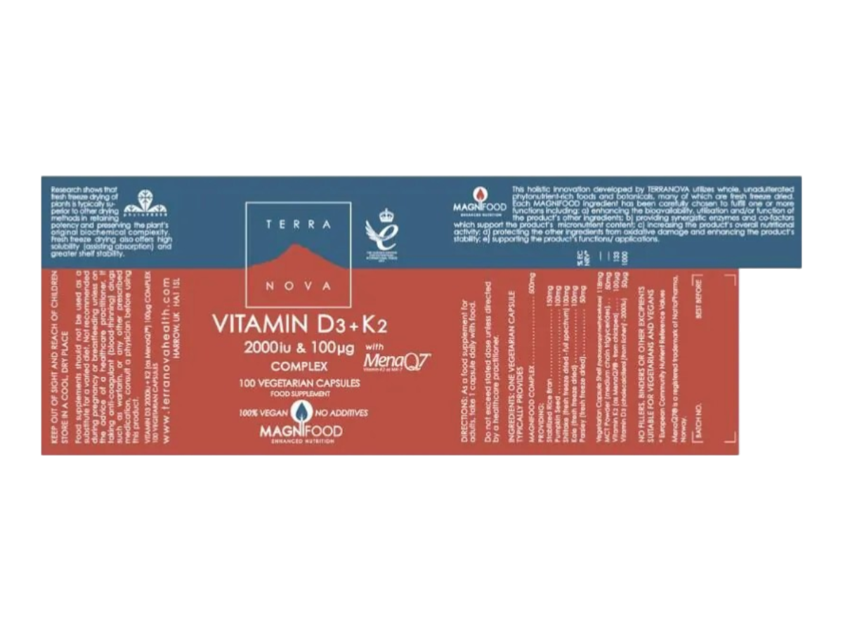 Supplement facts & ingredients image: Terranova Vitamin D3 2000IU K2 100µg supplement facts ingredients vegan capsules 100 count