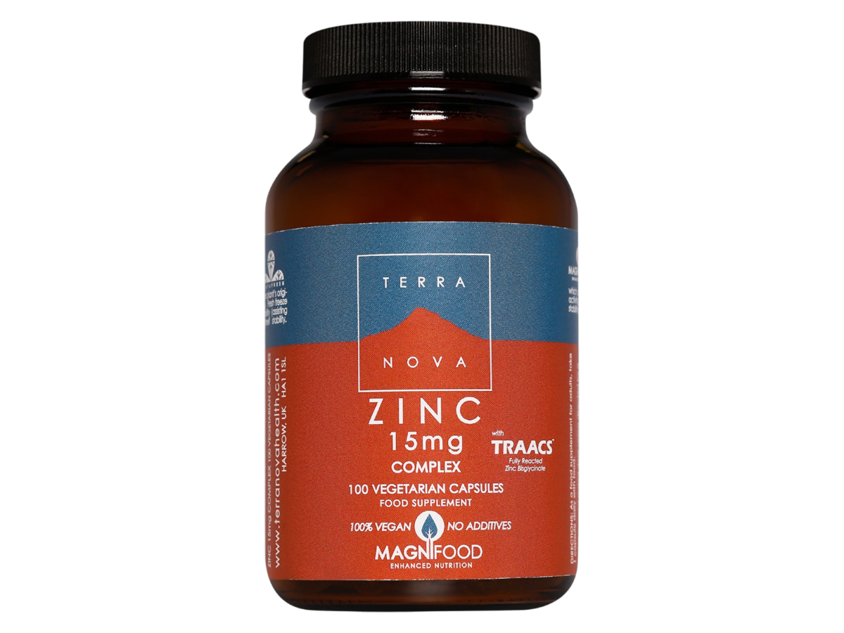 Front image: Terranova Zinc 15mg Complex capsules bottle vegan 100 count