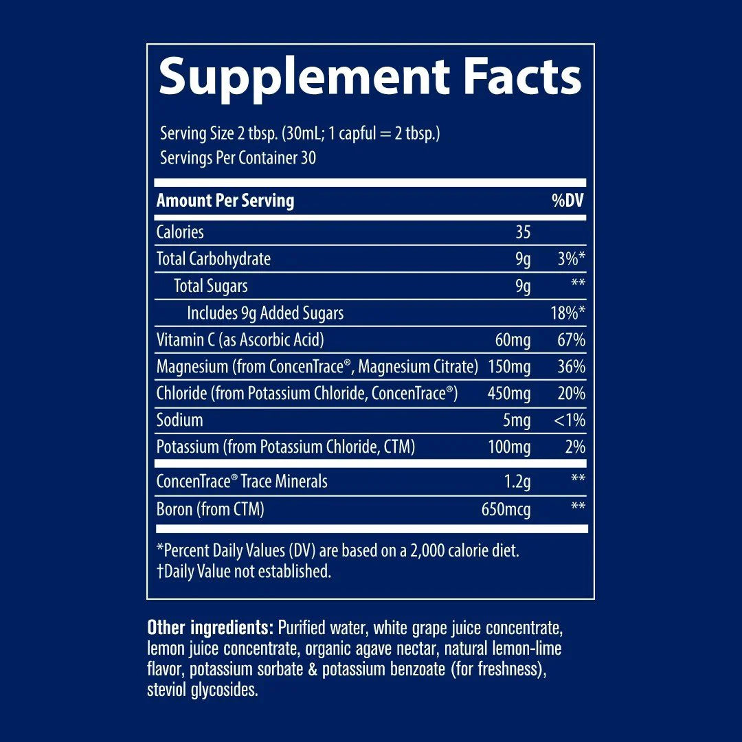Supplement Facts Image: Trace Minerals ConcenTrace lemon lime supplement facts ingredients bottle 887ml
