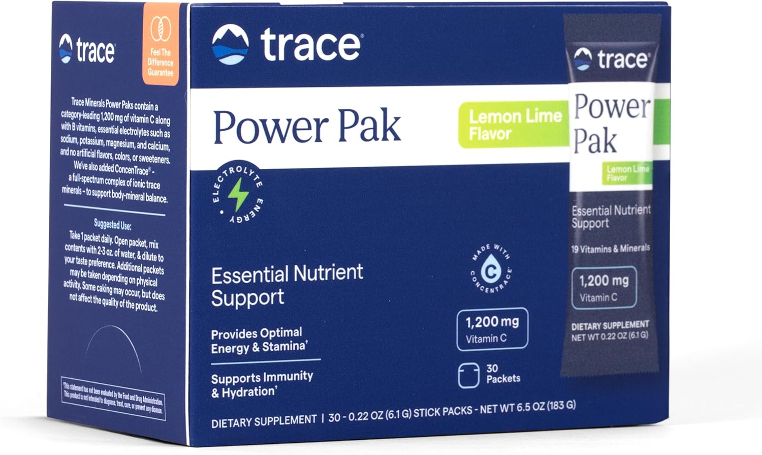 Front Image: Trace Minerals Power Pak lemon lime powder packets box 30 count