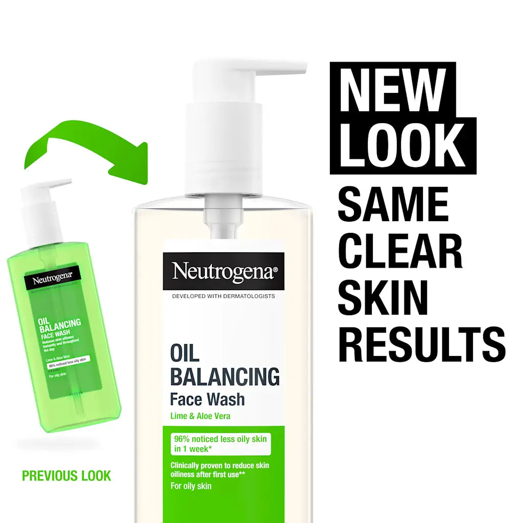 Neutrogena Oil Balancing Face Wash 200ml bottle, green and white packaging. Old & new packaging.