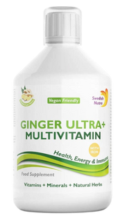 Front Image: Swedish Nutra Ginger Ultra+ liquid multivitamin 500ml bottle
