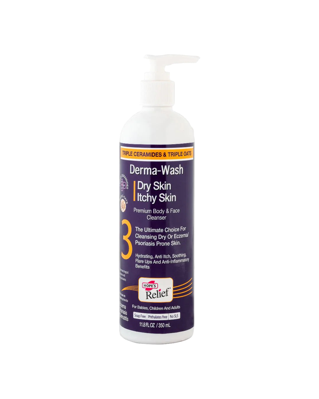 Bottle of Derma-Wash Dry Skin Itchy Skin cleanser on a white background