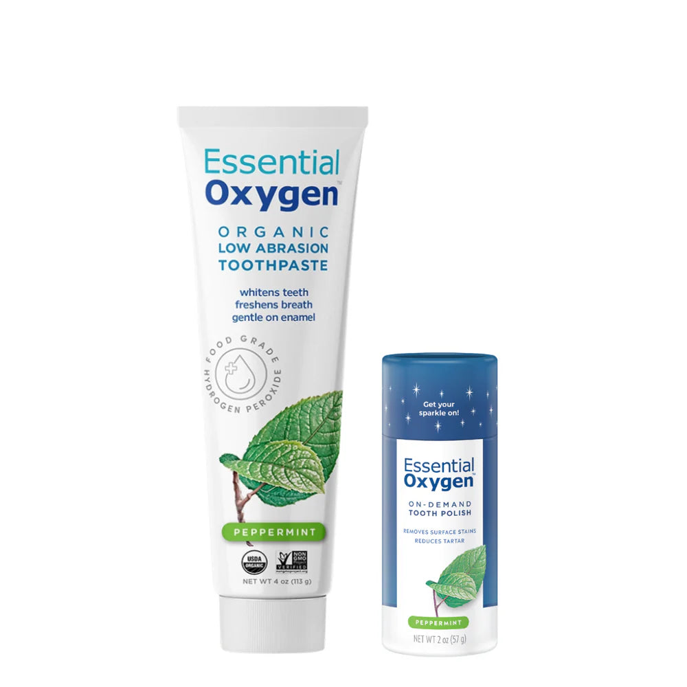 Essential Oxygen The Dynamic Duo oral care gift set box with toothpaste and tooth polish.