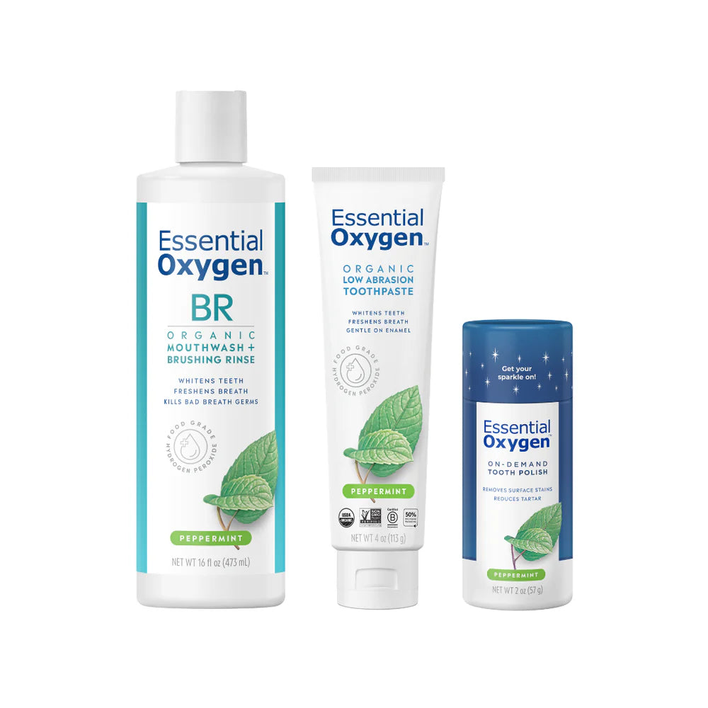 Essential Oxygen Pristine Protocol 3-Step Oral Care System kit box with rinse, toothpaste, and polish.