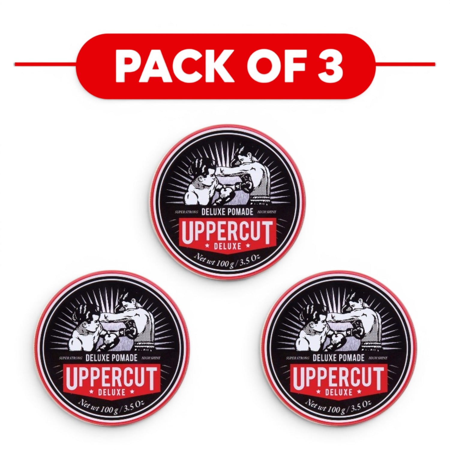 Uppercut Deluxe Pomade 100g jar strong hold high shine styling product 3 packs