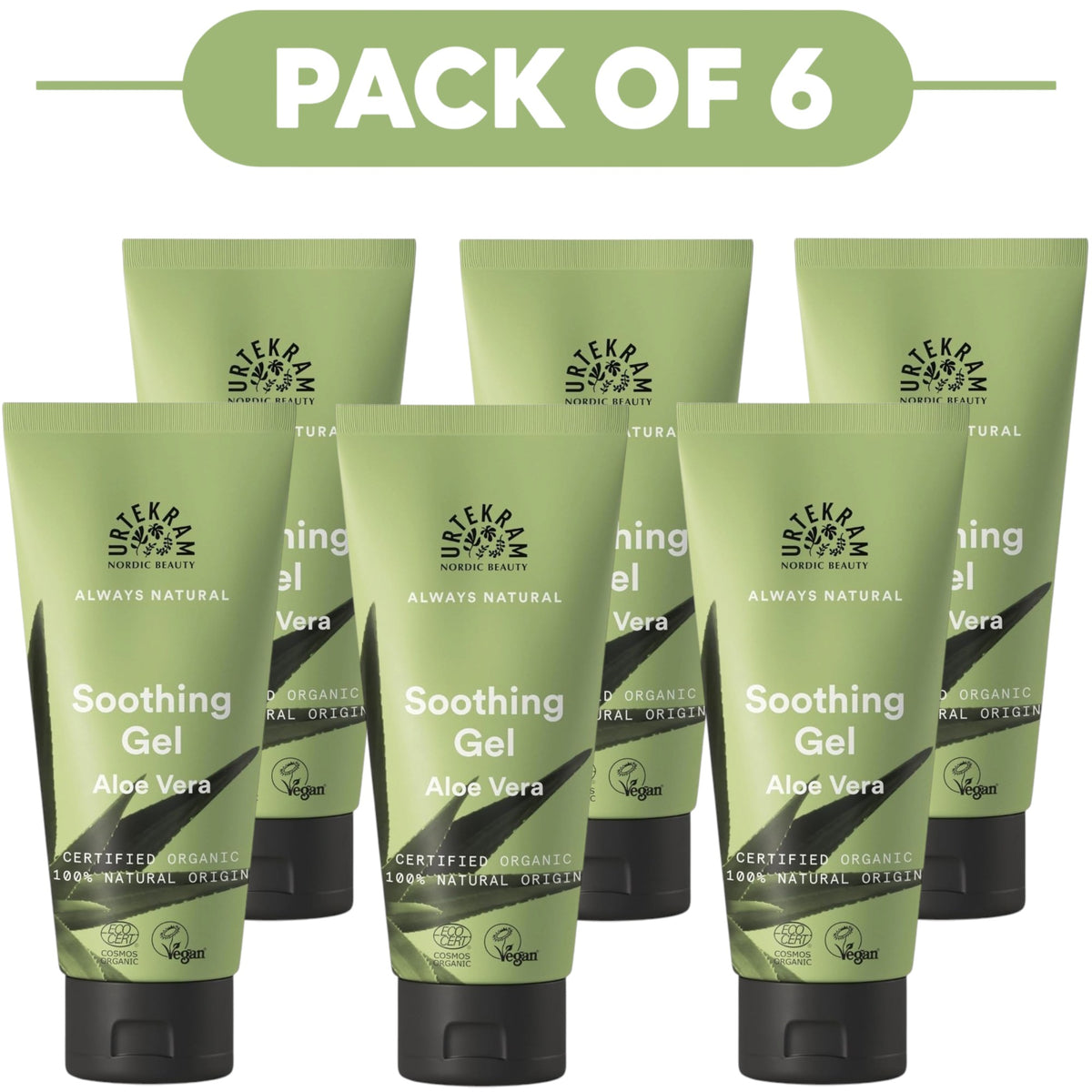 Urtekram Soothing Aloe Vera Gel with Hyaluronic Acid 100ml Pack of 6