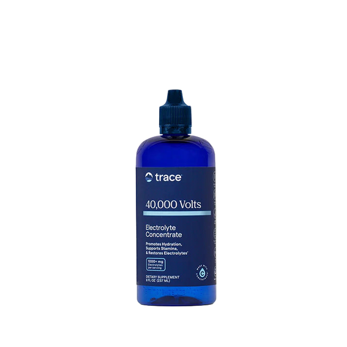 Blue bottle of electrolyte concentrate with 'trace' branding on a white background