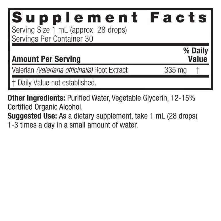 Supplement facts label for Valerian root extract on a white background