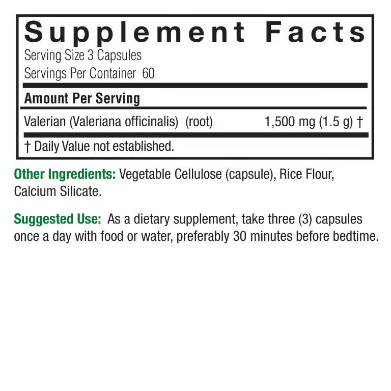 Supplement facts label for Valerian root capsules on a white background