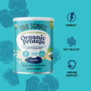 Four Sigmatic Organic Protein container with benefits on a blue background