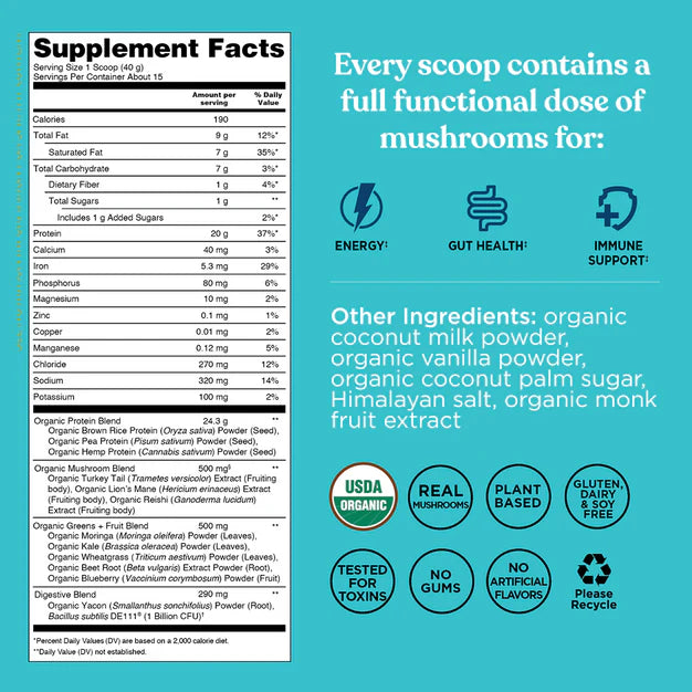 Supplement label with nutritional information and health benefits on a blue background