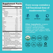 Supplement label with nutritional information and health benefits on a blue background