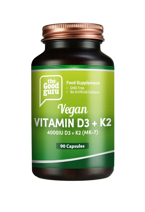 The Good Guru Vegan Vitamin D3 and K2 MK-7 supplement bottle, 90 capsules, on white background.