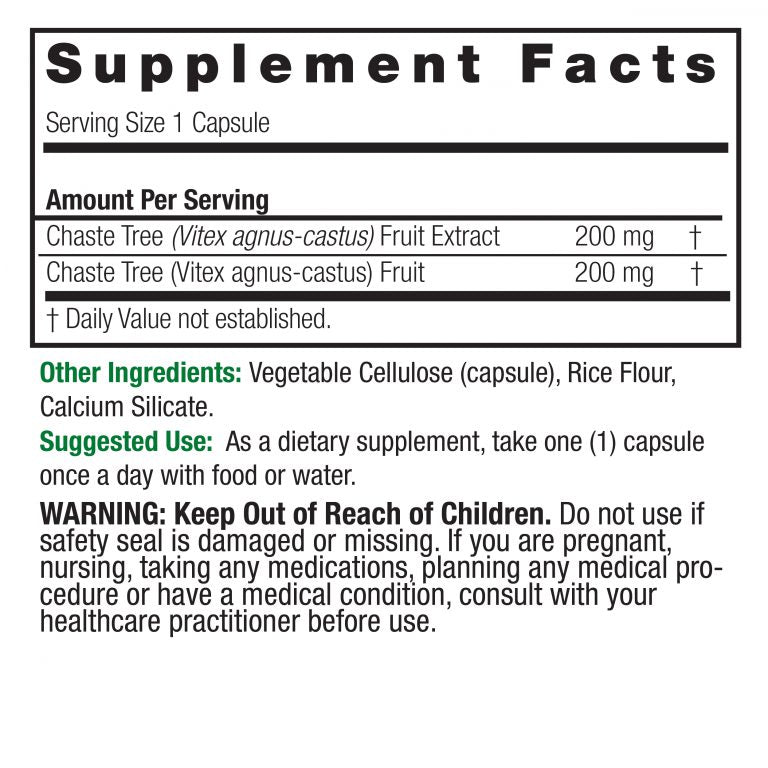 Supplement facts label for Vitex agnus-castus with serving size, amount per serving, and other ingredients.