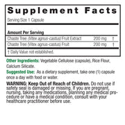 Supplement facts label for Vitex agnus-castus with serving size, amount per serving, and other ingredients.